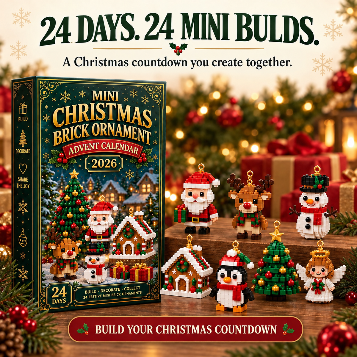 ⏳ Last day to save 49% – Billhol®🍪 24-Day Mini Christmas Ornament Advent Calendar | 24 unique festive buildable designs with hanging loops—perfect for decorating Christmas trees, wreaths, and holiday displays 🧱